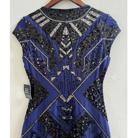Express Sequin Aztec Art Deco Mini Dress Blue Black Bodycon Party Size Small - Picture 6 of 11